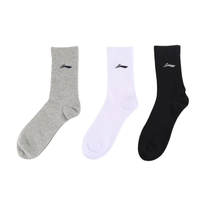 LiNing Mid Calf Socks Unisex 3 Pack Black White Gray-8