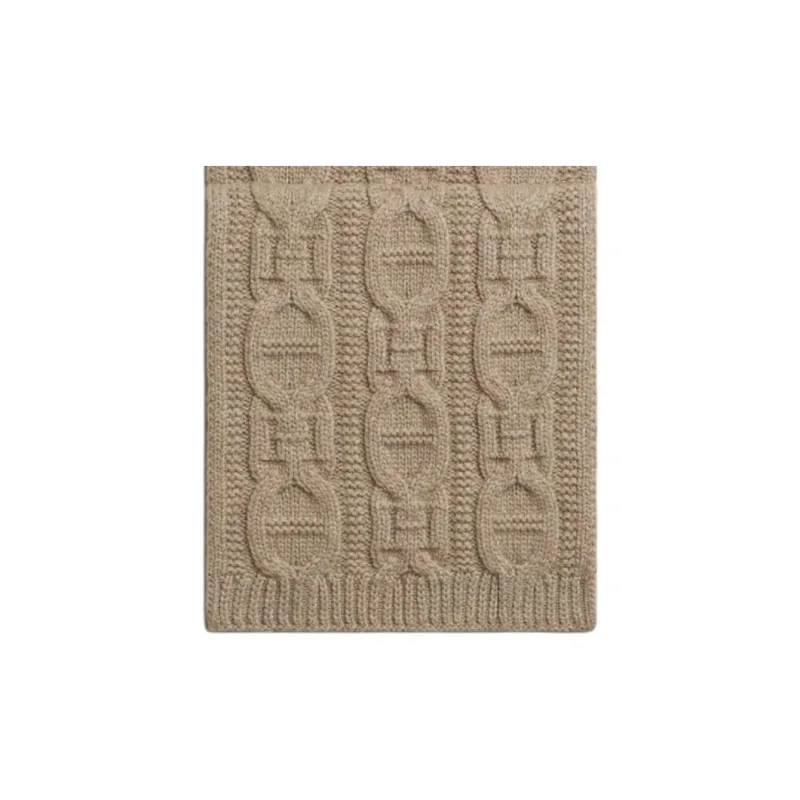 HERMES Cashmere Wool Knit Scarves Women's Light Umber-2