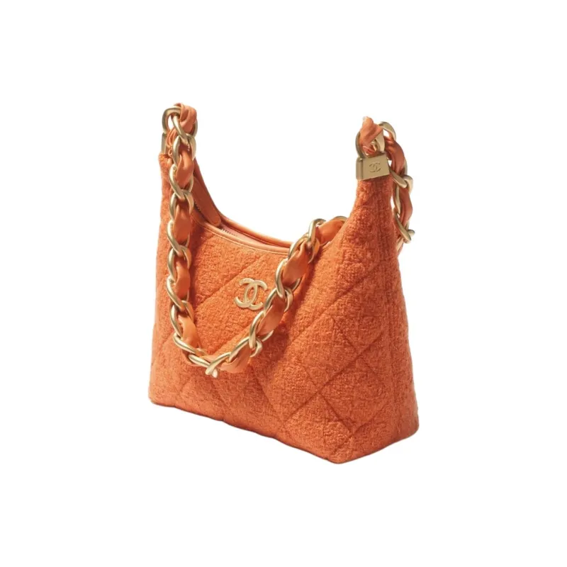 CHANEL Wool Twill Soft Woolen Tweed Hobo Bag, Shoulder Bag, Crossbody Bag Trumpets Women's Orange-1
