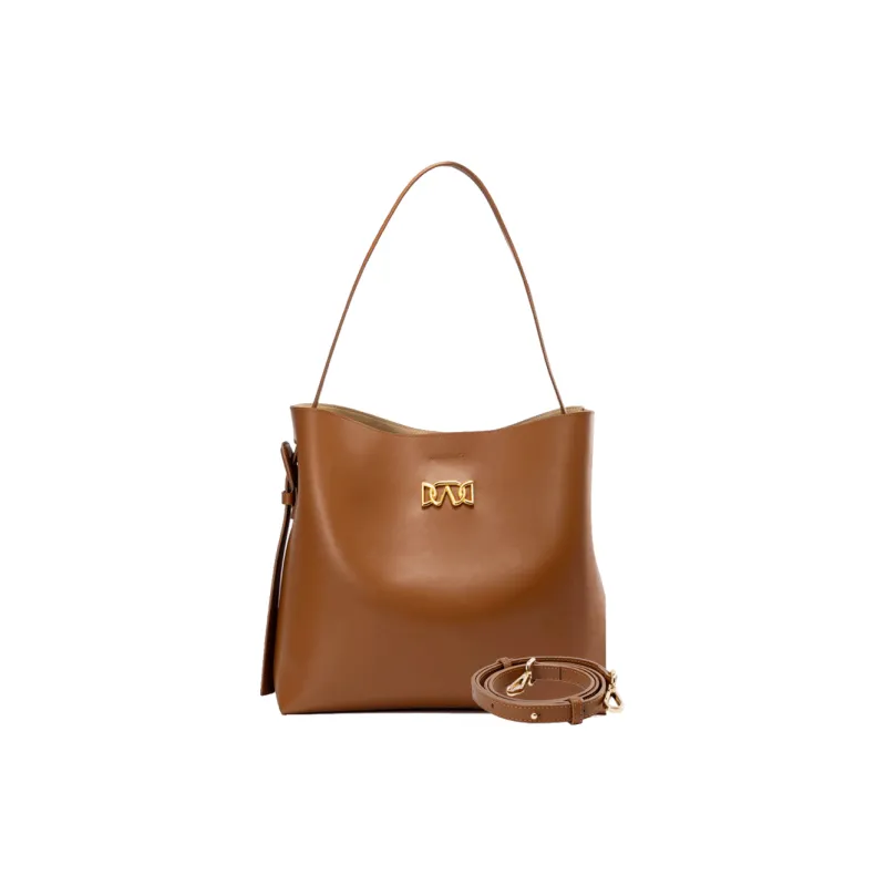 AQUASCUTUM Plain Weave Cow Leather Bucket Bag, Shoulder Bag Medium Size Women's Brown-1
