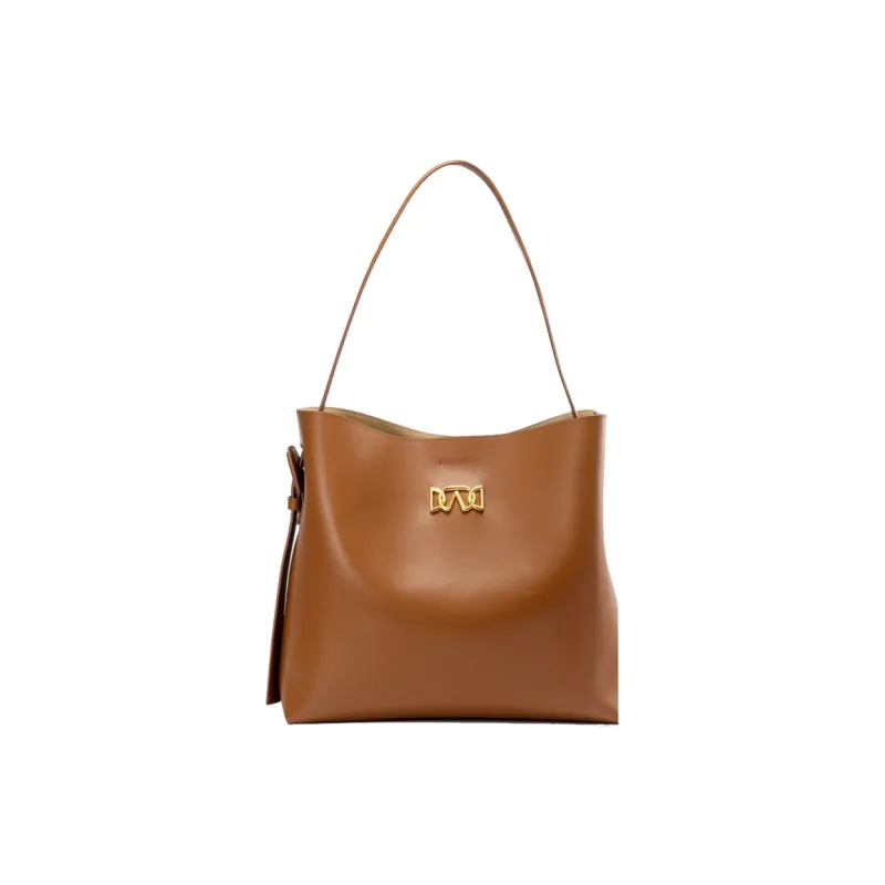 AQUASCUTUM Plain Weave Cow Leather Bucket Bag, Shoulder Bag Medium Size Women's Brown-0