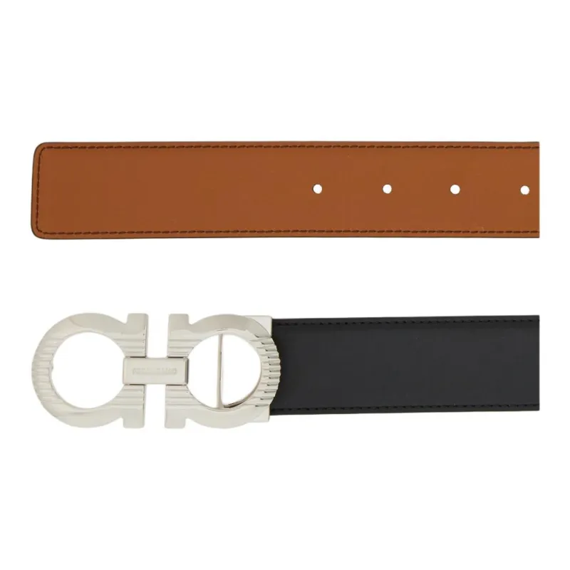 FERRAGAMO Calfskin Leather Belts Men's Black Width 3.5cm-2
