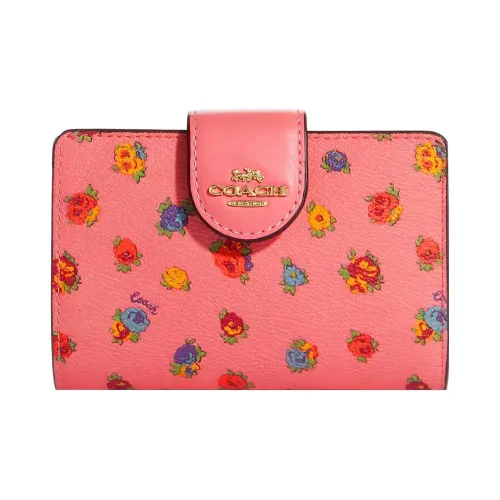 COACH Corner Zip Smooth Cow Leather Clutches Wallets Women's Pink