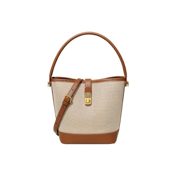 Kevin Cohen Fabric, Synthetic Leather Bucket Bag, Shoulder Bag, Crossbody Bag, Handbag Regular Women's Ecru & Brown