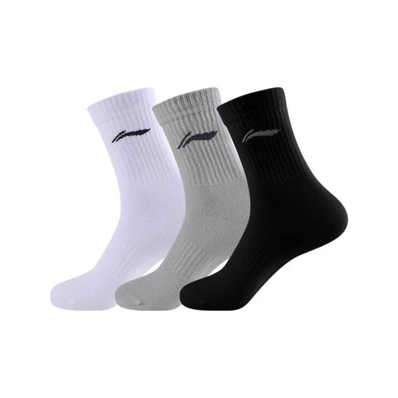LiNing Mid Calf Socks Unisex 3 Pack Black White Gray-6