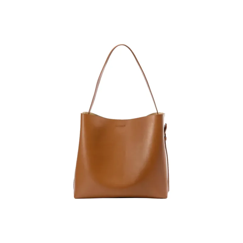 AQUASCUTUM Plain Weave Cow Leather Bucket Bag, Shoulder Bag Medium Size Women's Brown-4