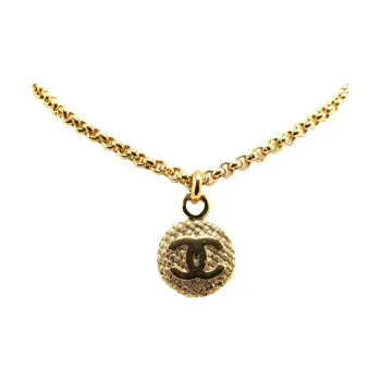 CHANEL 1980 1990 Plated Cc Round Pendant Necklace Costume Necklace