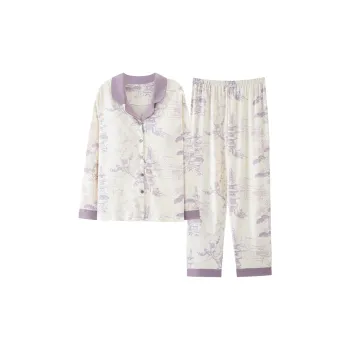 Pretty Lady Pajama Set Women's Beige White Purple