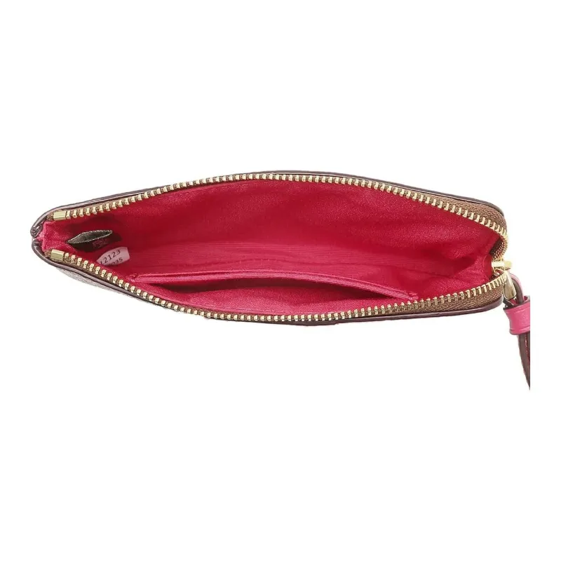 COACH Leather Handheld Coin Wallet Wrist Pouch Small Size Women's Fuchsia & Brown Monogram-2