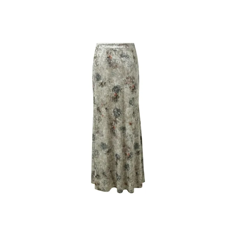3COLOUR Casual Long Skirt Women's Green Beige Floral-1