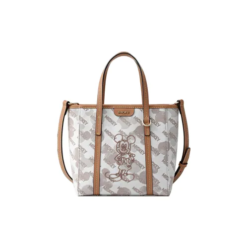 FION Disney Clever Brocade Series Fabric Handbag Shoulder Bag Crossbody Bag Medium Size Women's Camel White