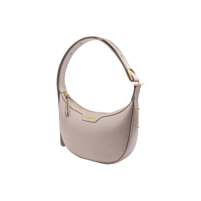 AQUASCUTUM Litchi Grain Cow Leather Crescent Bag Shoulder Bag Medium Size Women's Black/Light Gray-4