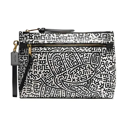 COACH Disney X Keith Haring Collaboration Academy Leather Handheld Clutch Large Size Women's Black & White