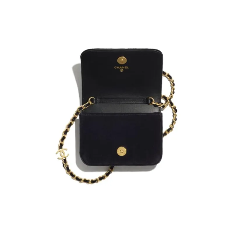 CHANEL Soft Woolen, Embroidery Velour Flap Coin Purse Shoulder Bag Women's Black-3