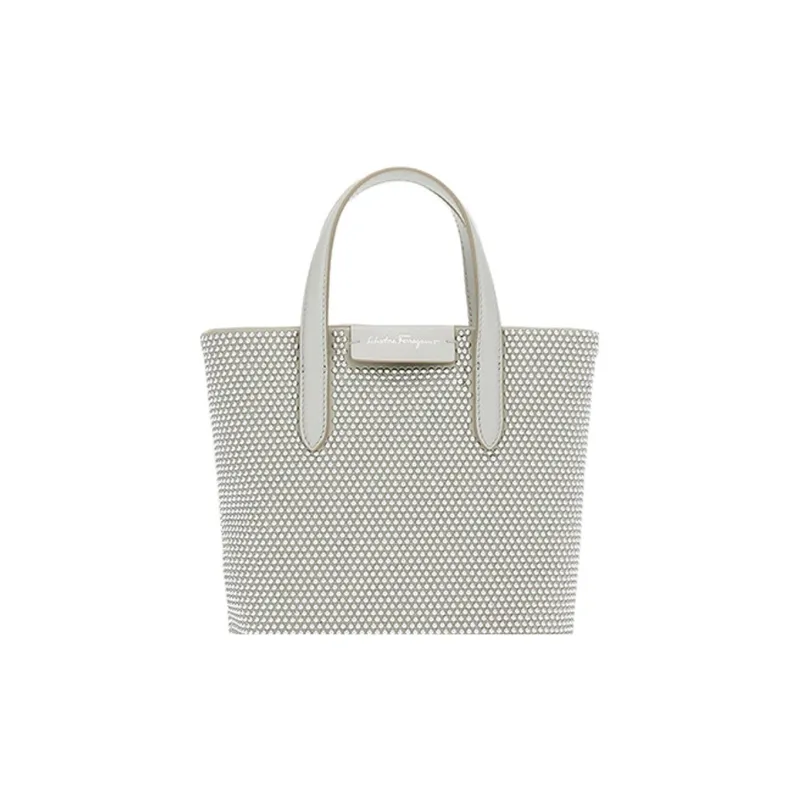 FERRAGAMO Fabric Cow Leather Patchwork Travel Bag Handbag Mini Women's Silver-3