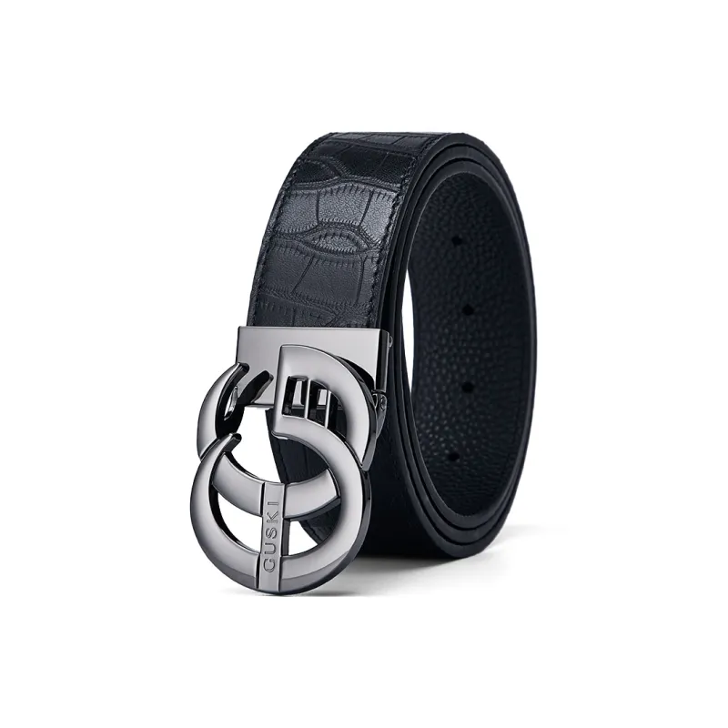 GUSKI Top Grain Cow Leather Smooth Buckle Belt, Husband's Fashion Belt Men's Gunmetal, Gold Width  3.8cm Gift Box Set-11