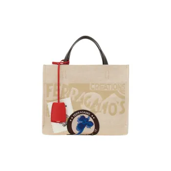 FERRAGAMO Cotton Tote Bag Shopping Bag Shoulder Bag Crossbody Bag Handbag Medium Size Women's Natural