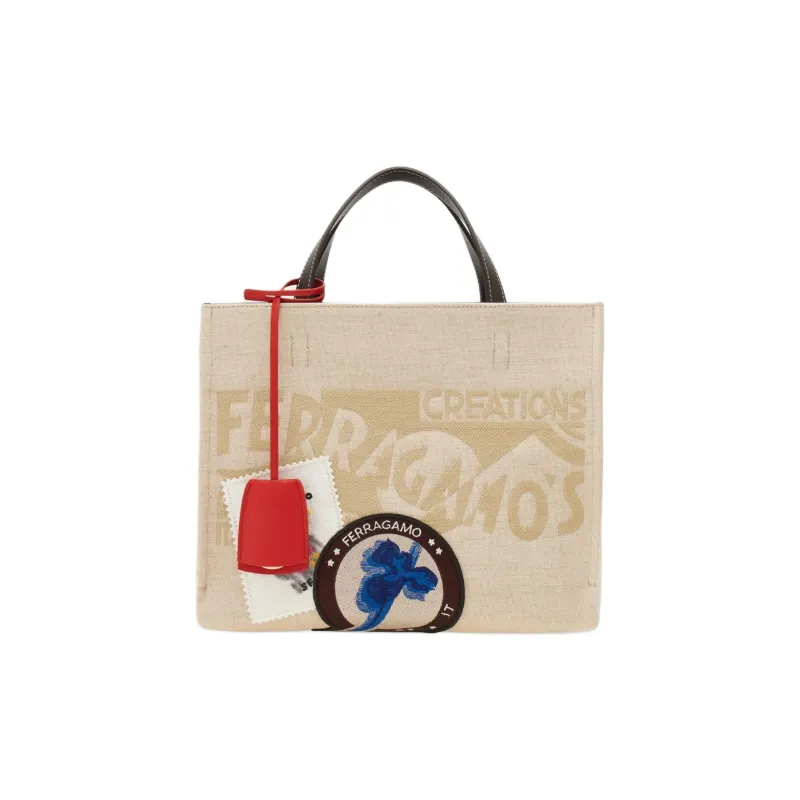 FERRAGAMO Cotton Tote Bag Shopping Bag Shoulder Bag Crossbody Bag Handbag Medium Size Women's Natural-0
