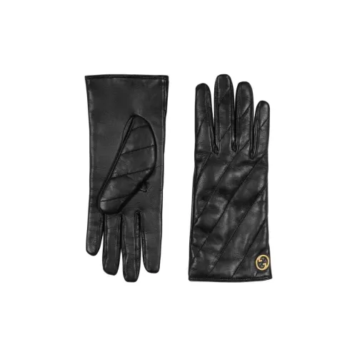 GUCCI Hardware Accessories Leather Silk Gloves Women's Black