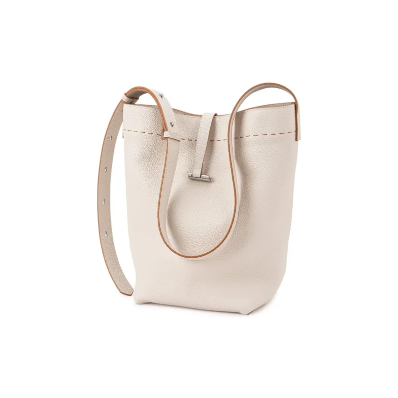 VENOF Cow Leather Bucket Bags Shoulder Bags Medium Size Women's Elephant Gray/Freesia White-7