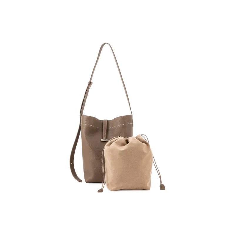 VENOF Cow Leather Bucket Bags Shoulder Bags Medium Size Women's Elephant Gray/Freesia White-1