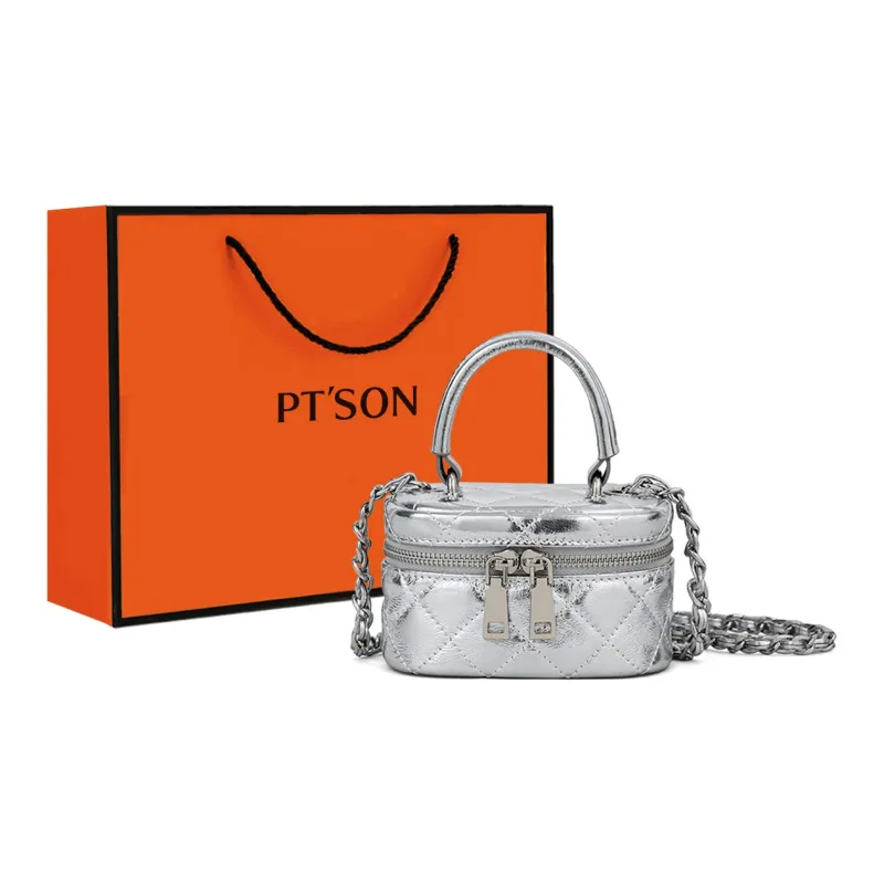 PT'SON Cow Leather Box Bag Handbag Shoulder Bag Crossbody Bag Regular Women's Silver-4