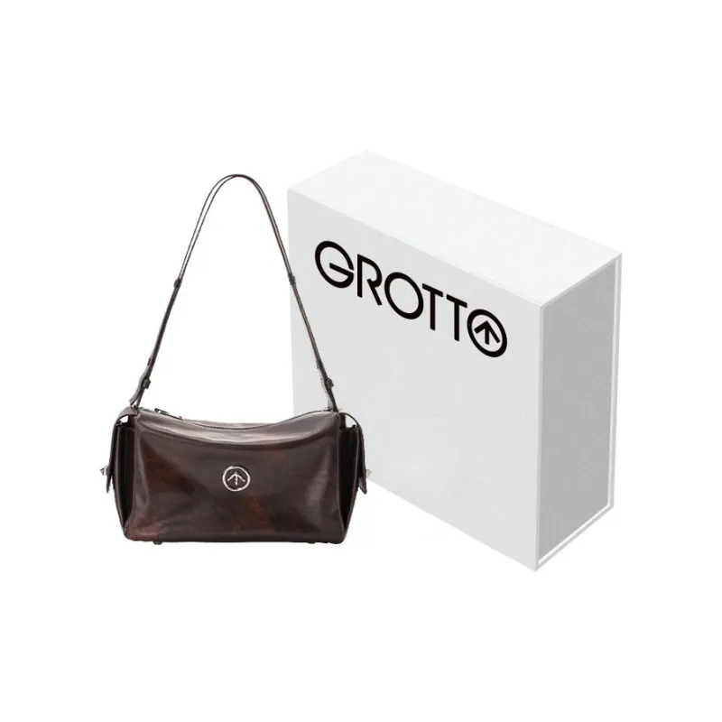 GROTTO Cow Leather Shoulder Bag Regular Women's Burnt Wood Brown/Charcoal Black-0