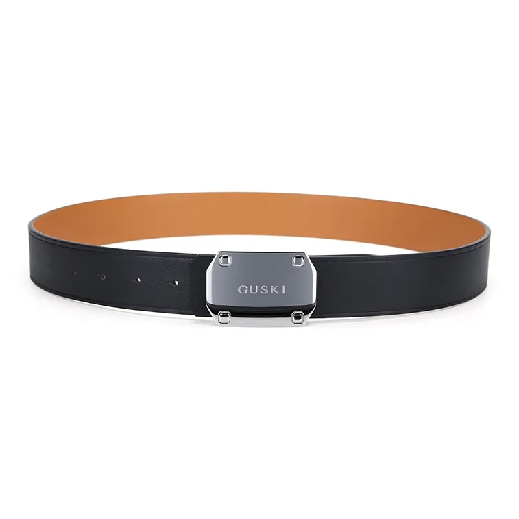 GUSKI Cow Leather Smooth Buckle Belt Men's Width: 3.8cm Set Box-0