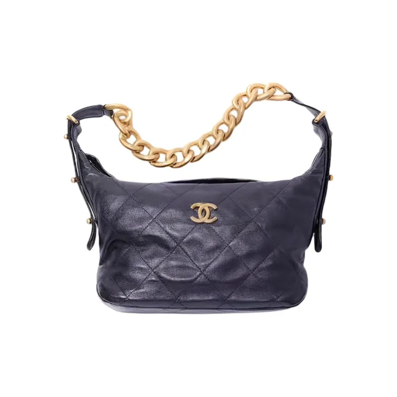 CHANEL 22K Autumn And Winter Sheepskin Hobo Bag, Hippie Bag, Handbag, Shoulder Bag Medium Size Women's Dark Blue-0