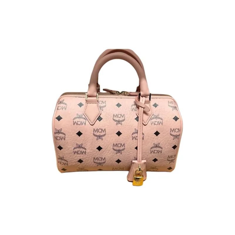 MCM Visetos Intertwined Letter Canvas Boston Bag, One Shoulder Handbag Trumpets Women's Pink-0