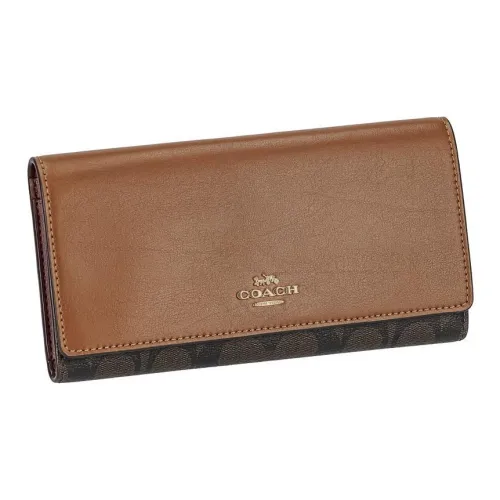 COACH Trifold Wallet Canvas With Leather Coin Purse Long Wallet Small Size Women's Sequoia