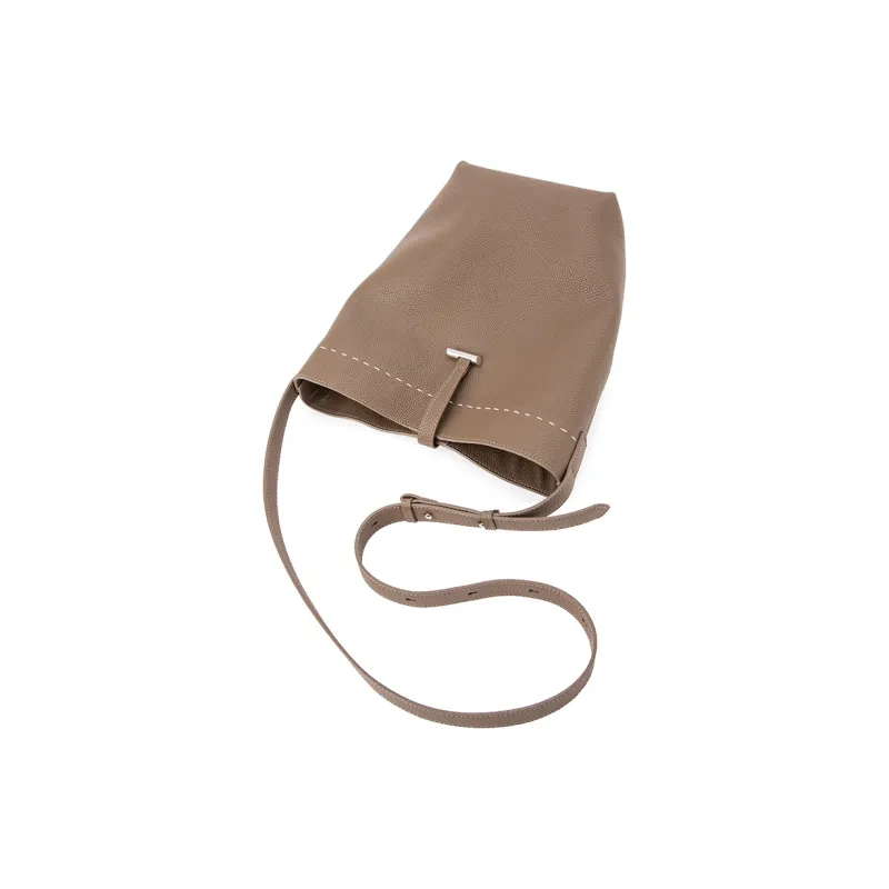 VENOF Cow Leather Bucket Bags Shoulder Bags Medium Size Women's Elephant Gray/Freesia White-2