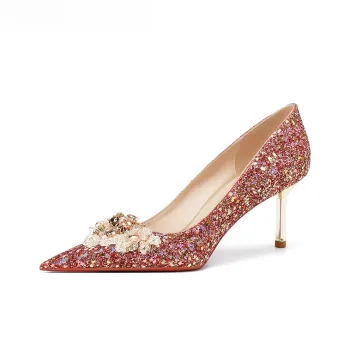BINGO DUCK Slim Heel High Heels 6 8cm Women's Crystal Flowers
