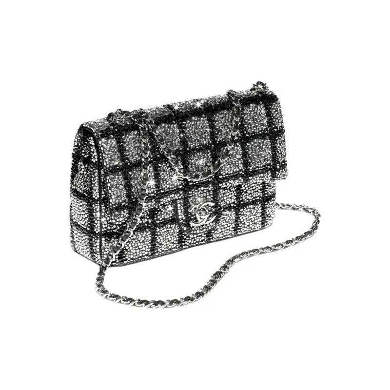 CHANEL Rhinestone Shoulder Bag, Crossbody Bag Regular Women's Black & Silver-1