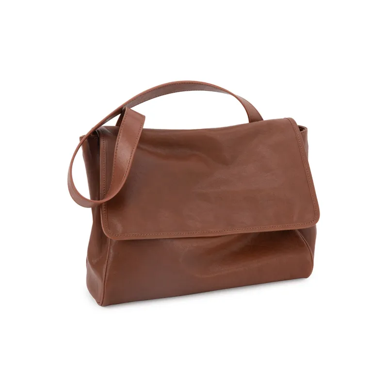 VENOF Top Grain Genuine Cow Leather Shoulder Bag Large Size Women's Cognac Brown/Rational Black-0