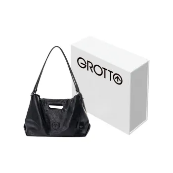 GROTTO Cow Leather CARRY Tote Bag, Shoulder Bag Regular Unisex Black Logo With Silver Logo