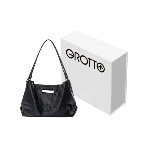 GROTTO Cow Leather CARRY Tote Bag, Shoulder Bag Regular Unisex Black Logo With Silver Logo