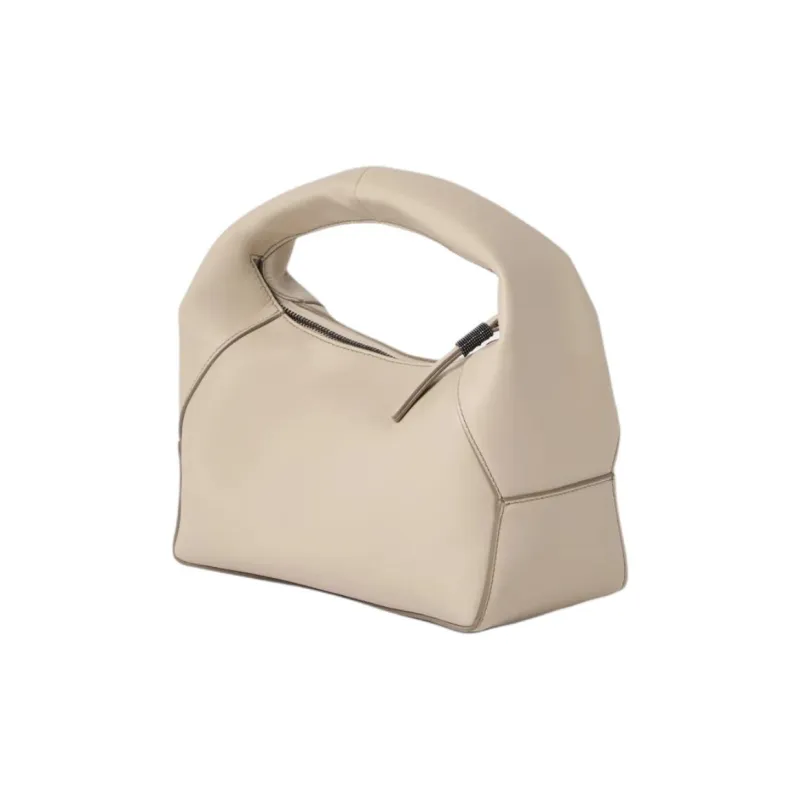 Brunello Cucinelli Calfskin Water Dumpling Bag Handbag Small Size Women's Beige Yellow-1