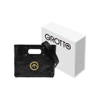GROTTO Sheepskin Shoulder Bag, Crossbody Bag, Handbag Small Size Unisex Classic Black/Moon Silver
