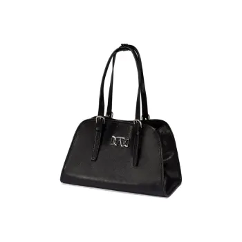 AQUASCUTUM Vegetable Tanned Cow Leather Bowling Bag, Shoulder Bag Medium Size Women's Black