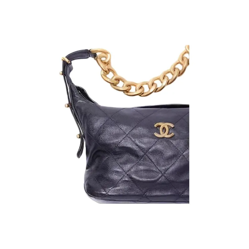 CHANEL 22K Autumn And Winter Sheepskin Hobo Bag, Hippie Bag, Handbag, Shoulder Bag Medium Size Women's Dark Blue-2