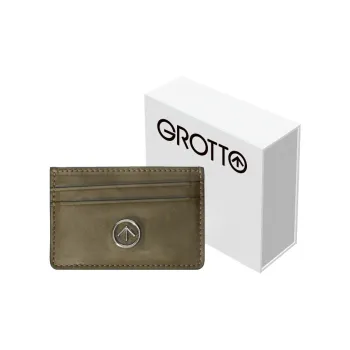 GROTTO Calfskin Genuine Leather Card Clip Card Holder Regular Unisex Olive Green