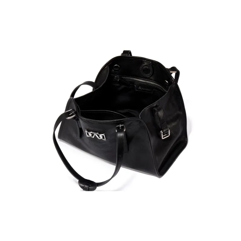 AQUASCUTUM Vegetable Tanned Cow Leather Bowling Bag, Shoulder Bag Medium Size Women's Black-5