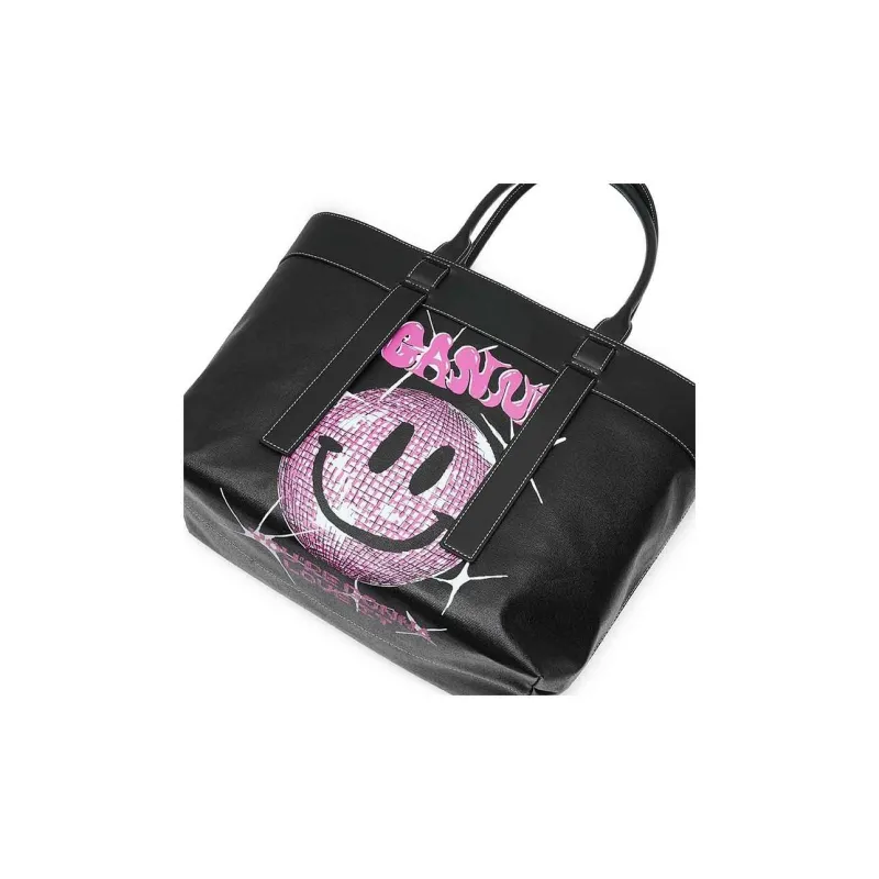 GANNI Cow Leather Tote Bag, Shopping Bag, Handbag, Shoulder Bag Women's Black-4