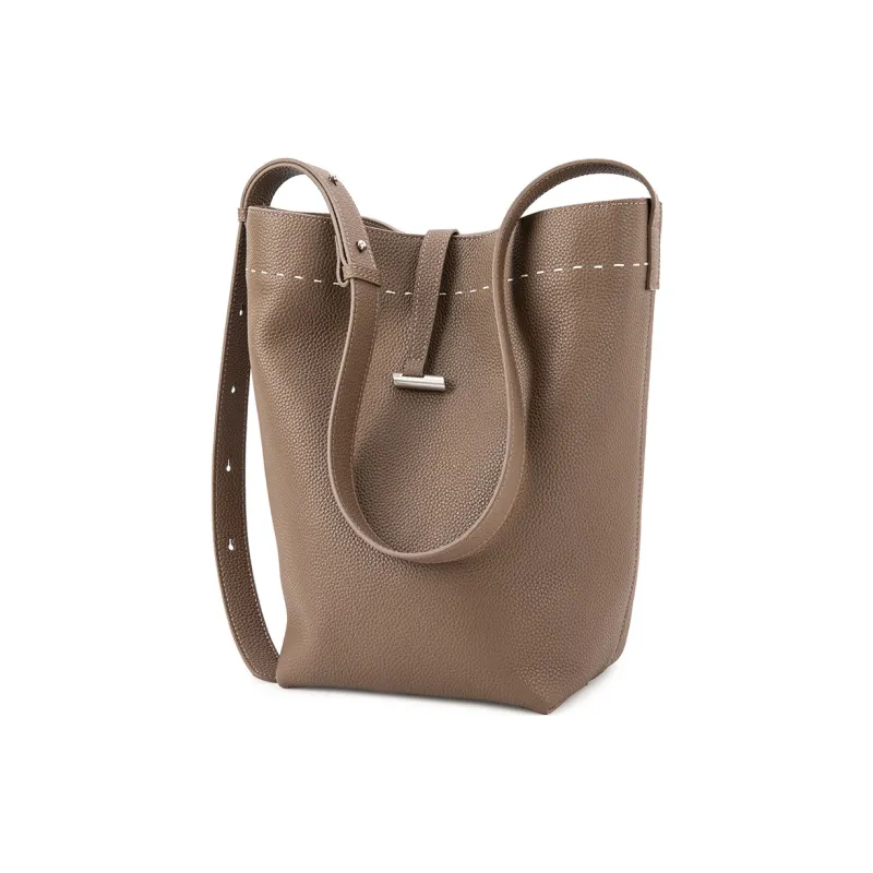 VENOF Cow Leather Bucket Bags Shoulder Bags Medium Size Women's Elephant Gray/Freesia White-0