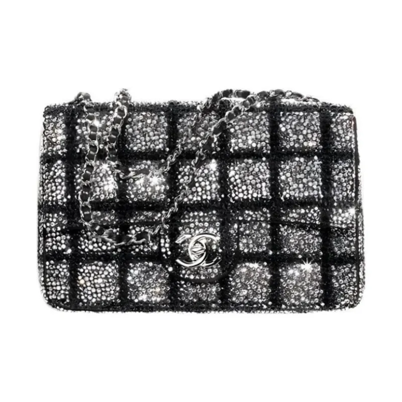 CHANEL Rhinestone Shoulder Bag, Crossbody Bag Regular Women's Black & Silver-0