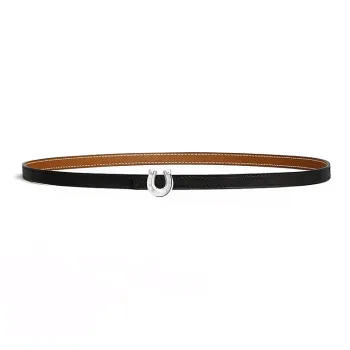 HERMES Calfskin, Metal, Palladium Plated Leather Belts Unisex Black/Brown Width 1.3cm