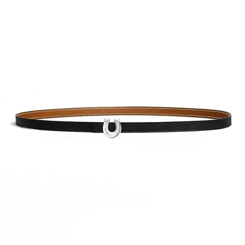 HERMES Calfskin, Metal, Palladium Plated Leather Belts Unisex Black/Brown Width 1.3cm