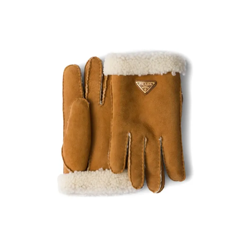 PRADA Sheepskin Wool Suede Knit Gloves Women's Brown-0