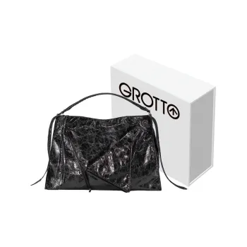 GROTTO Cow Leather Patchwork With Sheepskin Shoulder Bag Crossbody Bag Handbags Large Size Unisex Night Silver